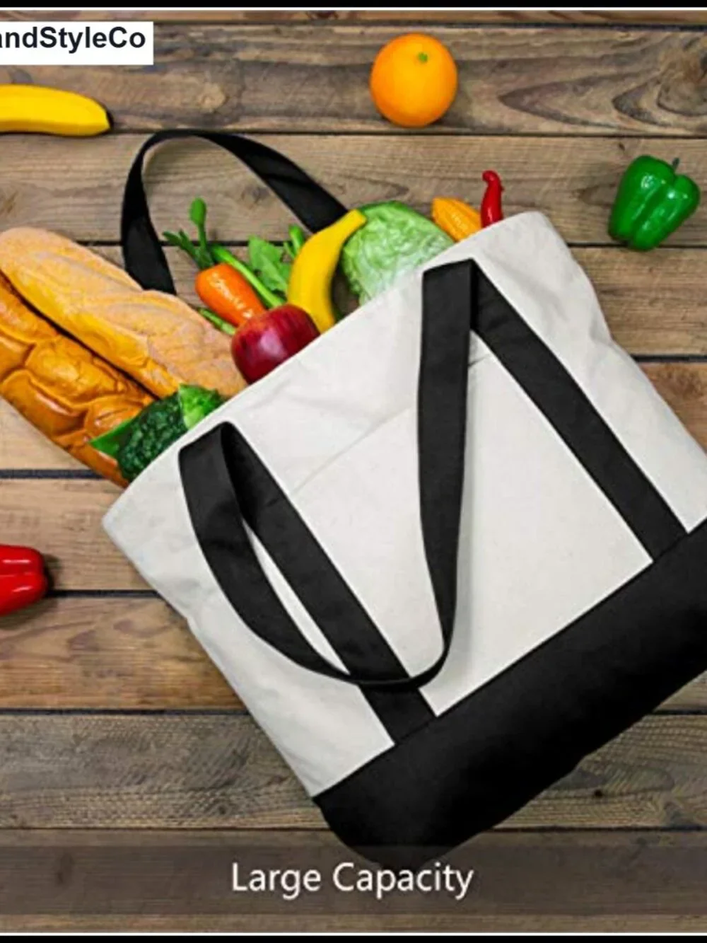 Canvas Tote Bag Reusable Grocery Shopping Zipper Pocket